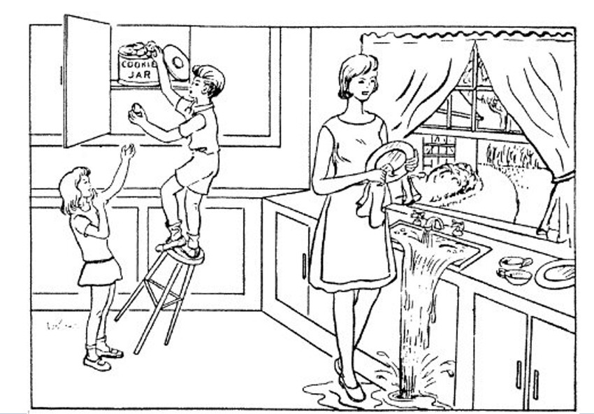 Cookie theft picture showing a woman washing dishes while children steal cookies